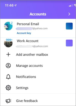 Yahoo Mail 應用程式中多個帳戶的圖片。